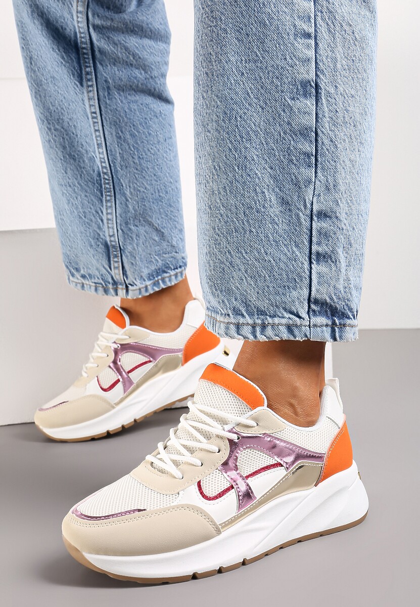 Beżowo-Pomarańczowe Sneakersy na Niskiej Platformie z Ozdobnymi Wstawkami Perforacją i Brokatem Akarine