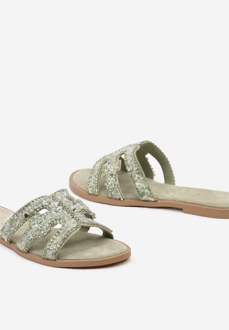 Zielone Klapki z Wycięciami na Pasku Ozdobione Kamyczkami i Cyrkoniami Sernia