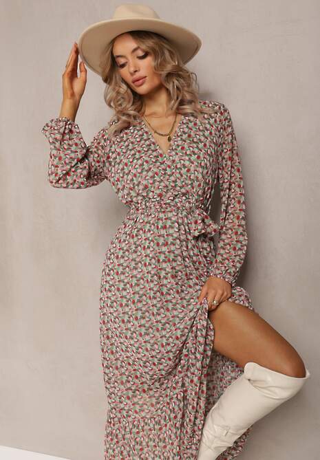 Zielono-Czerwona Sukienka Kopertowa z Falbanką i Wiązanym Paskiem Gjerana