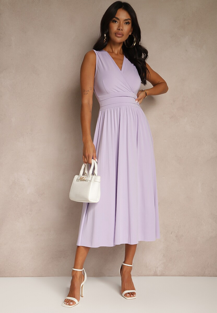 Różowa Sukienka z Kopertowym Dekoltem i Plisowanym Dołem Anamarie