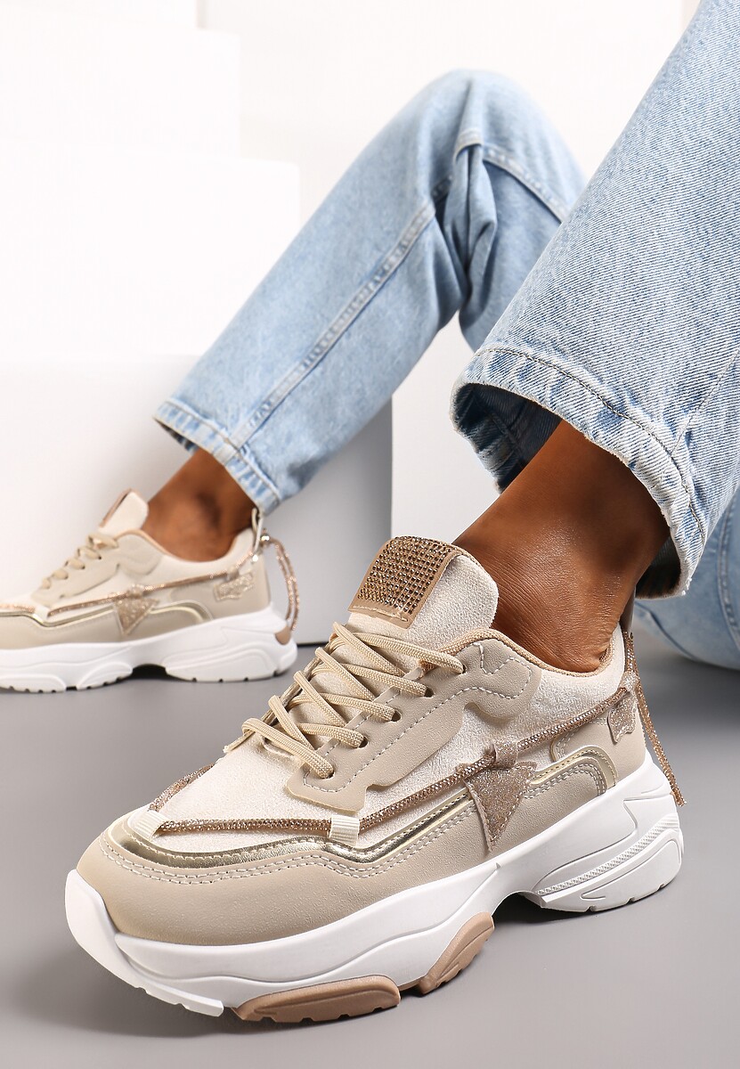 Beżowo-Zielone Sneakersy z Cyrkoniami na Grubej Podeszwie Leinov