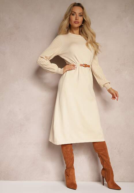 Beżowa Sukienka z Dodatkiem Wiskozy z Paskiem i Ozdobnymi Rękawami Daiviane