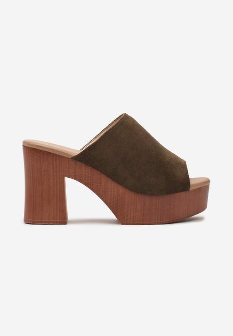 Ciemnozielone Klapki z Paskiem z Ekozamszu na Kwadratowym Obcasie i Platformie Siobhan