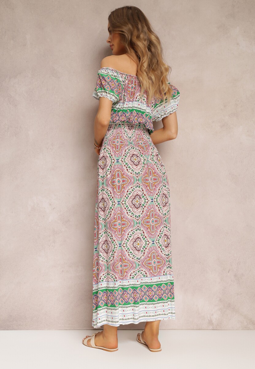 Zielono-Różowa Sukienka Maxi Hiszpanka  z Gumkami w Pasie i Ozdobnym Wiązaniem z Bawełny Giannis