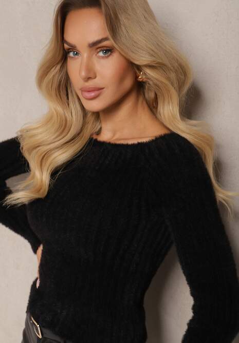 Czarny Casualowy Sweter z Futerkiem Vertida