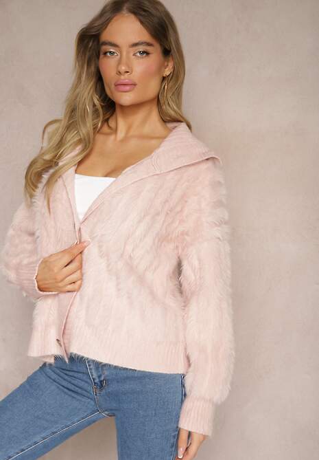 Różowy Kardigan Puchaty z Dodatkiem Bawełny i Golfem Ozdobiony Guzikami Mevalinda