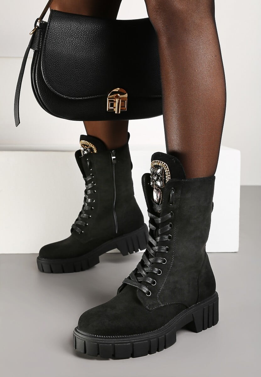 Czarne Sznurowane Botki w Stylu Workerów na Platformie z Tłoczeniem Ozdobione Cyrkoniami Ravetta
