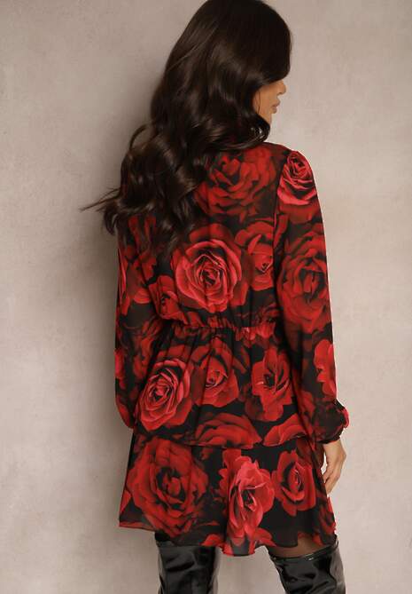 Czerwona Rozkloszowana Sukienka w Kwiaty z Gumką w Pasie Mirizora