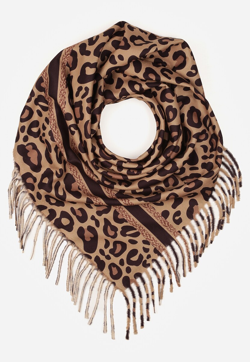 Brązowy Wiskozowy Szalik w Panterkę Wykończony Frędzlami Alefera