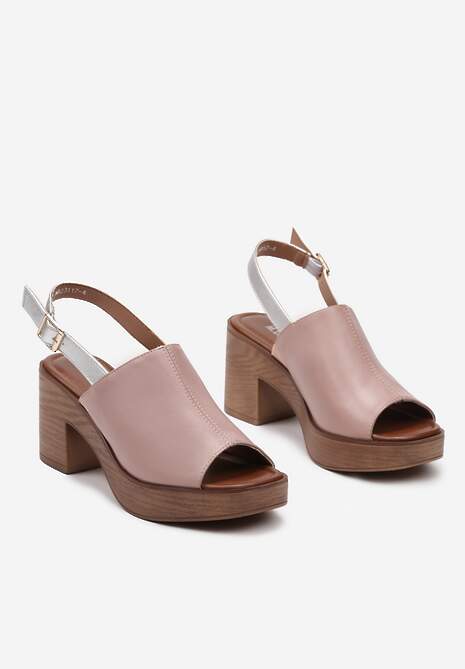 Różowe Sandały Peep Toe na Obcasie z Platformą Ozdobione Wstawką Imitującą Drewno Glevissiga