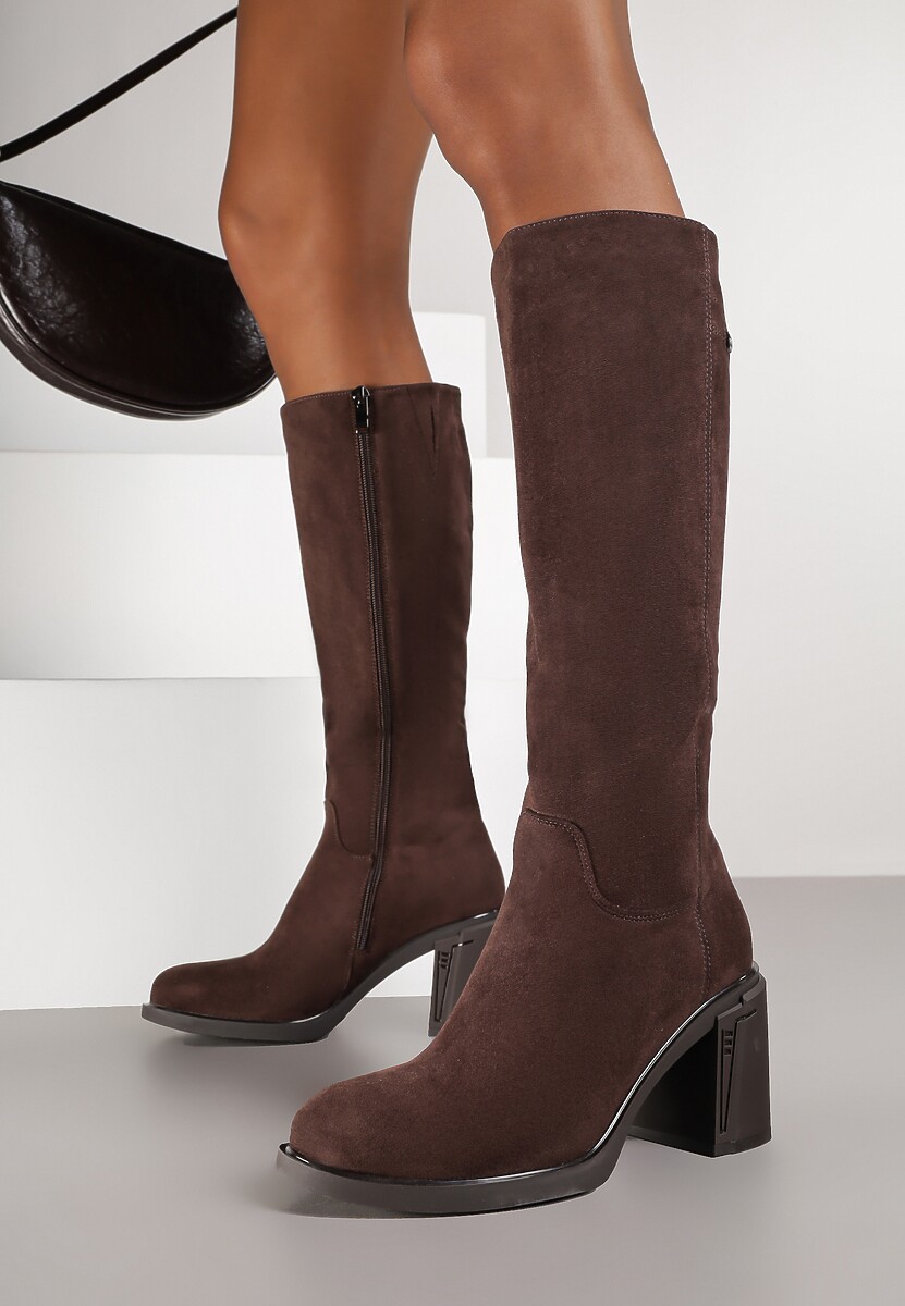 Ciemnobrązowe Kozaki na Słupku w Stylu Muszkieterek Cediara