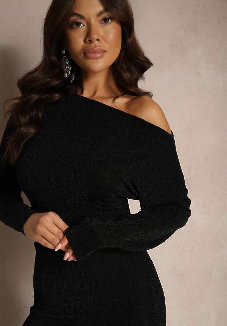 Czarna Sukienka Taliowana z Wiskozą i Dekoltem w Kształcie Łódki Nialeth