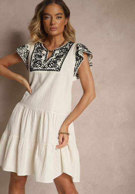 Beżowa Bawełniana Sukienka Boho Ozdobiona Haftami Eviriella