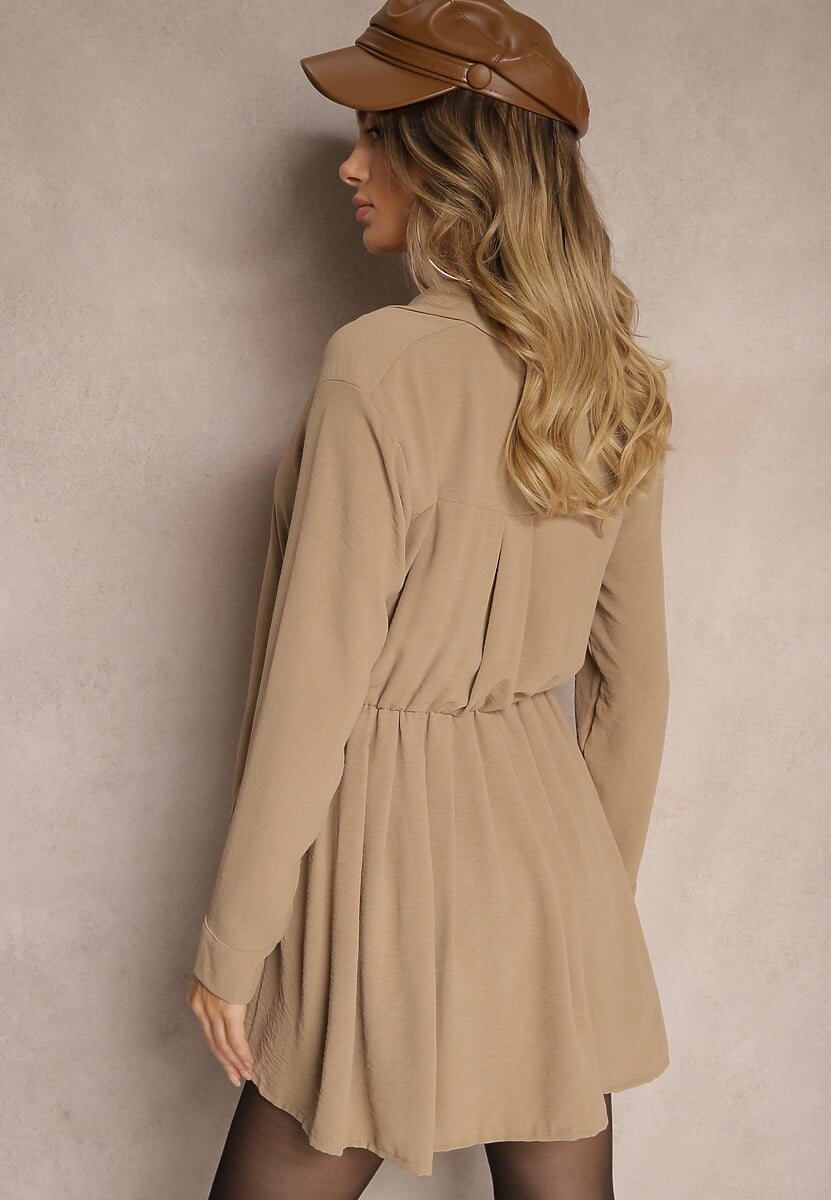 Ciemnobeżowa Koszulowa Sukienka o Asymetrycznym Rozkloszowanym Kroju z Gumką w Talii Eloriana