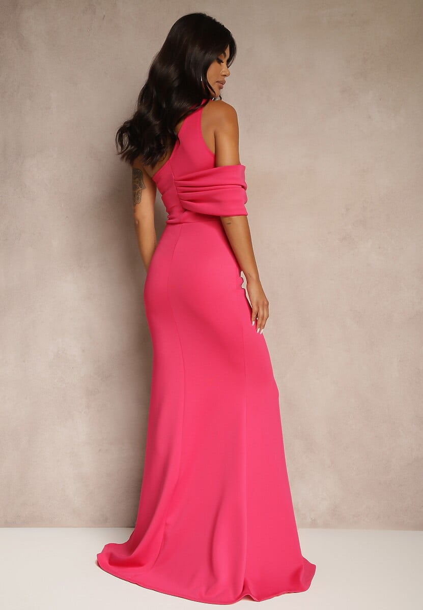 Fuksjowa Asymetryczna Sukienka Koktajlowa z Rozcięciem i Marszczeniem Kremelia