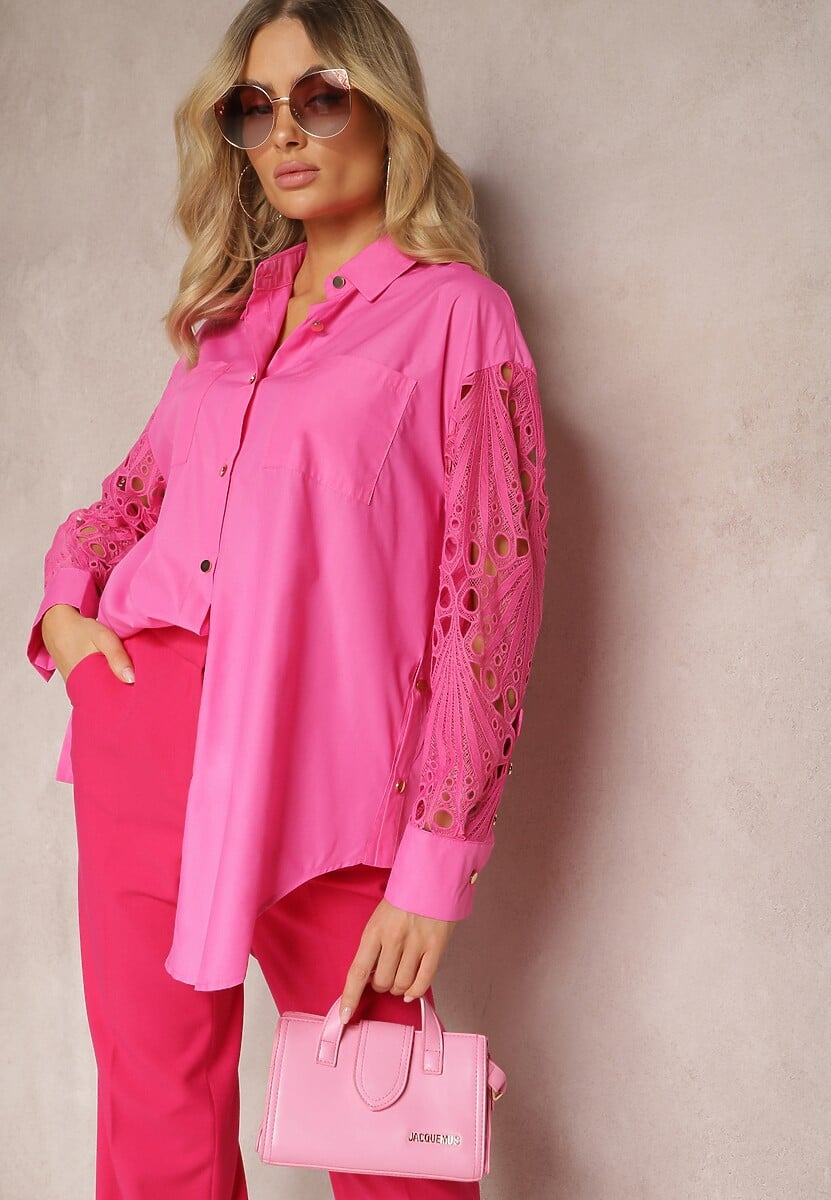 Zielona Koszula o Luźnym Fasonie z Ażurowymi Wstawkami na Rękawach Nasira