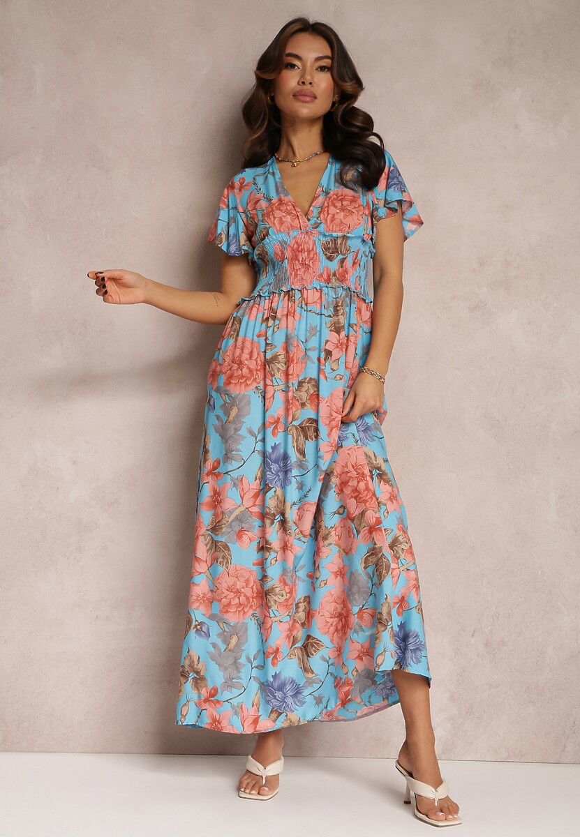 Niebieska Sukienka z Szeroką Gumką w Talii w Kwiaty Shathi