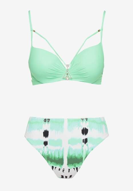 Ciemnozielone Bikini Majtki Figi i Biustonosz Push-Up Ozdobiony Paskami Wiobella
