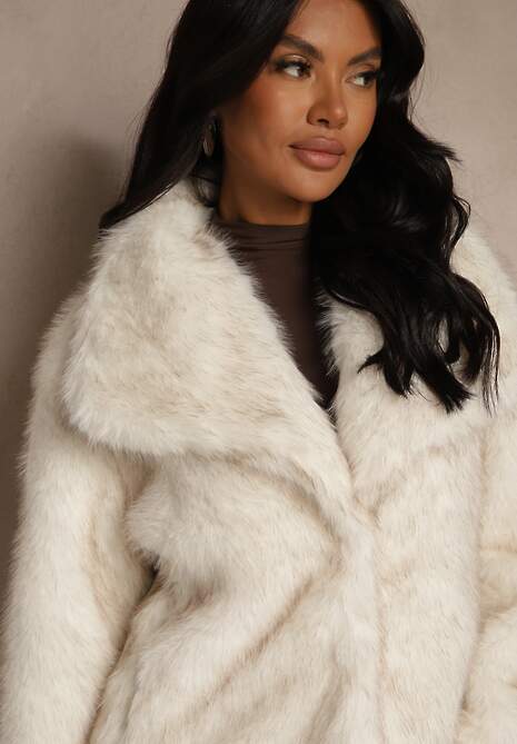 Beżowa Kurtka Futrzana Ozdobiona Kołnierzem Avelire