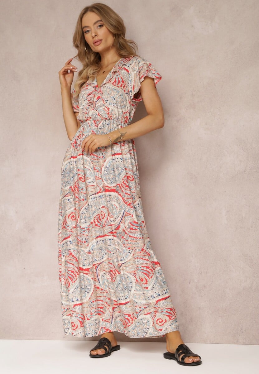 Czerwona Wiskozowa Sukienka z Gumką w Pasie i Kopertowym Dekoltem  Asima