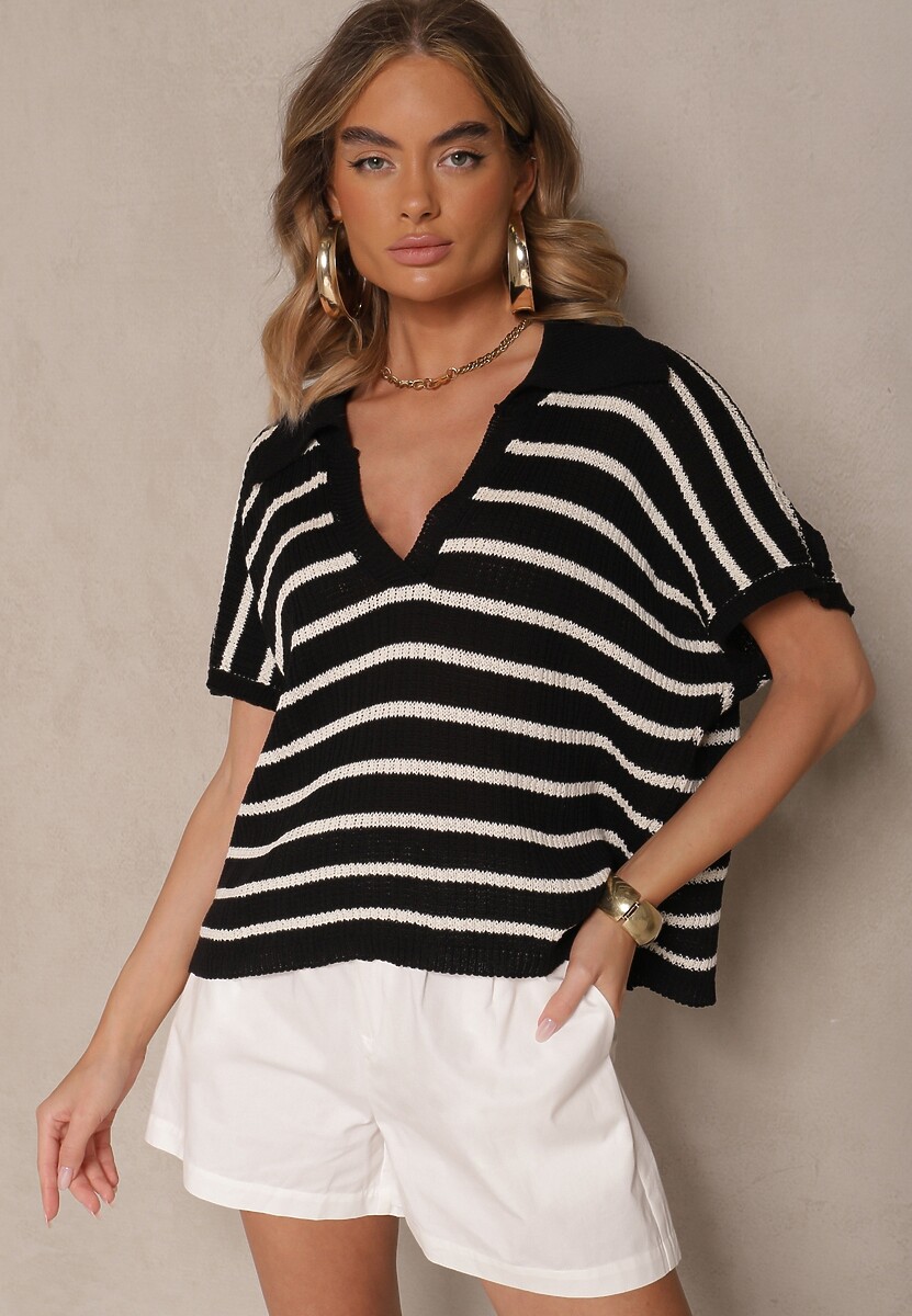 Brązowo-Beżowa Nietoperzowa Bluzka z Kołnierzykiem z Dzianiny z Bawełny Galomea