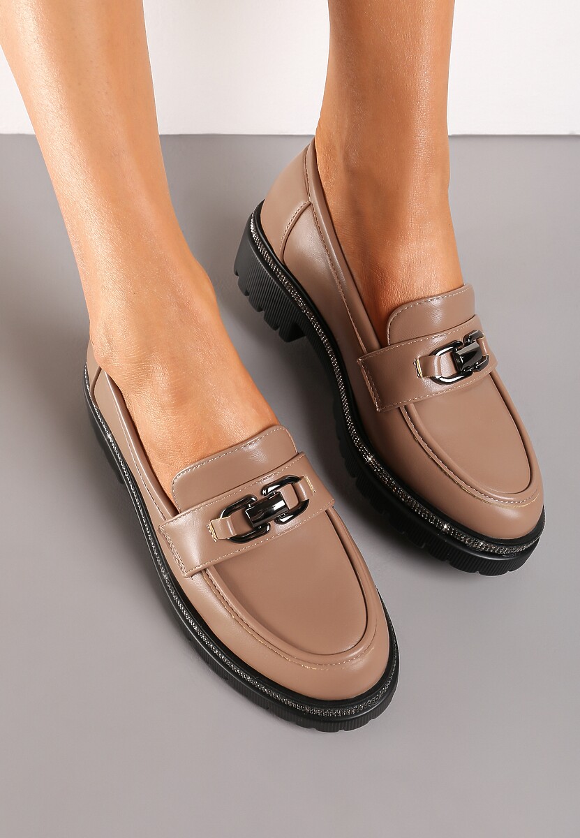 Ciemnobeżowe Mokasyny z Ozdobnym Paskiem z Cyrkonii na Grubej Podeszwie i z Klamrą Elimeti