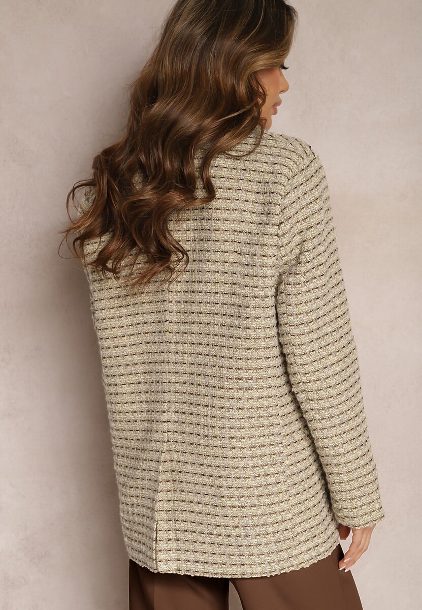 Szaro-Beżowa Tweedowa Marynarka Jednorzędowa z Ozdobnymi Guzikami Arielitta