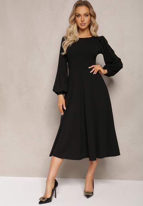Czarna Sukienka Midi o Rozkloszowanym Fasonie z Bufiastymi Rękawami Amatya