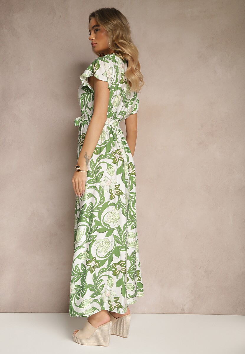 Zielona Wiskozowa Sukienka o Kopertowym Kroju z Wiązaniem w Talii Elaniora