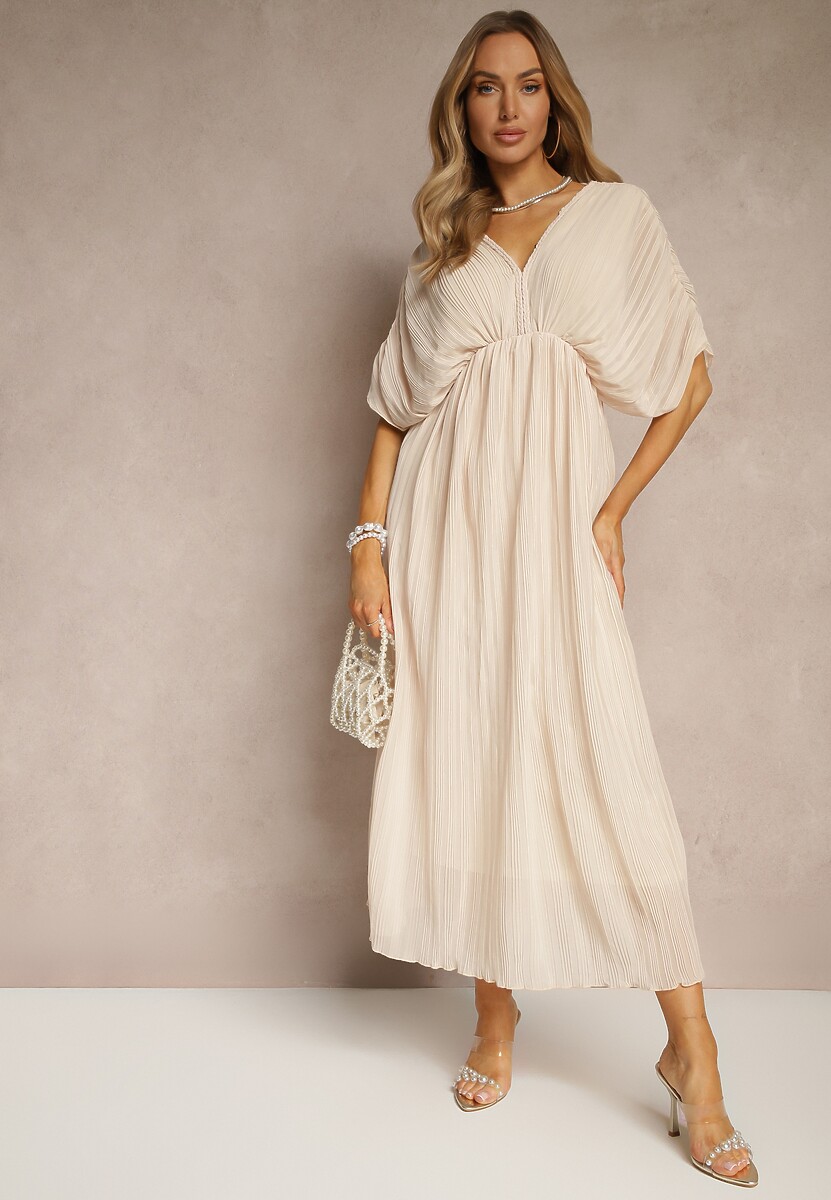 Niebieska Luźna Sukienka Wiązana na Szyi Taliowana z Rozkloszowanym Dołem Napovira