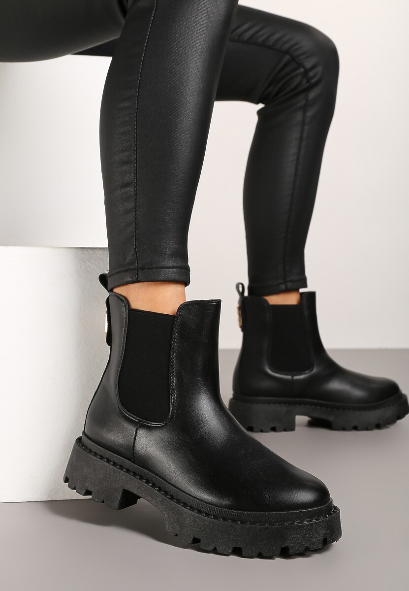 Czarne Botki na Platformie w Stylu Sztybletów z Gumką i Metalicznym Wykończeniem Lerives