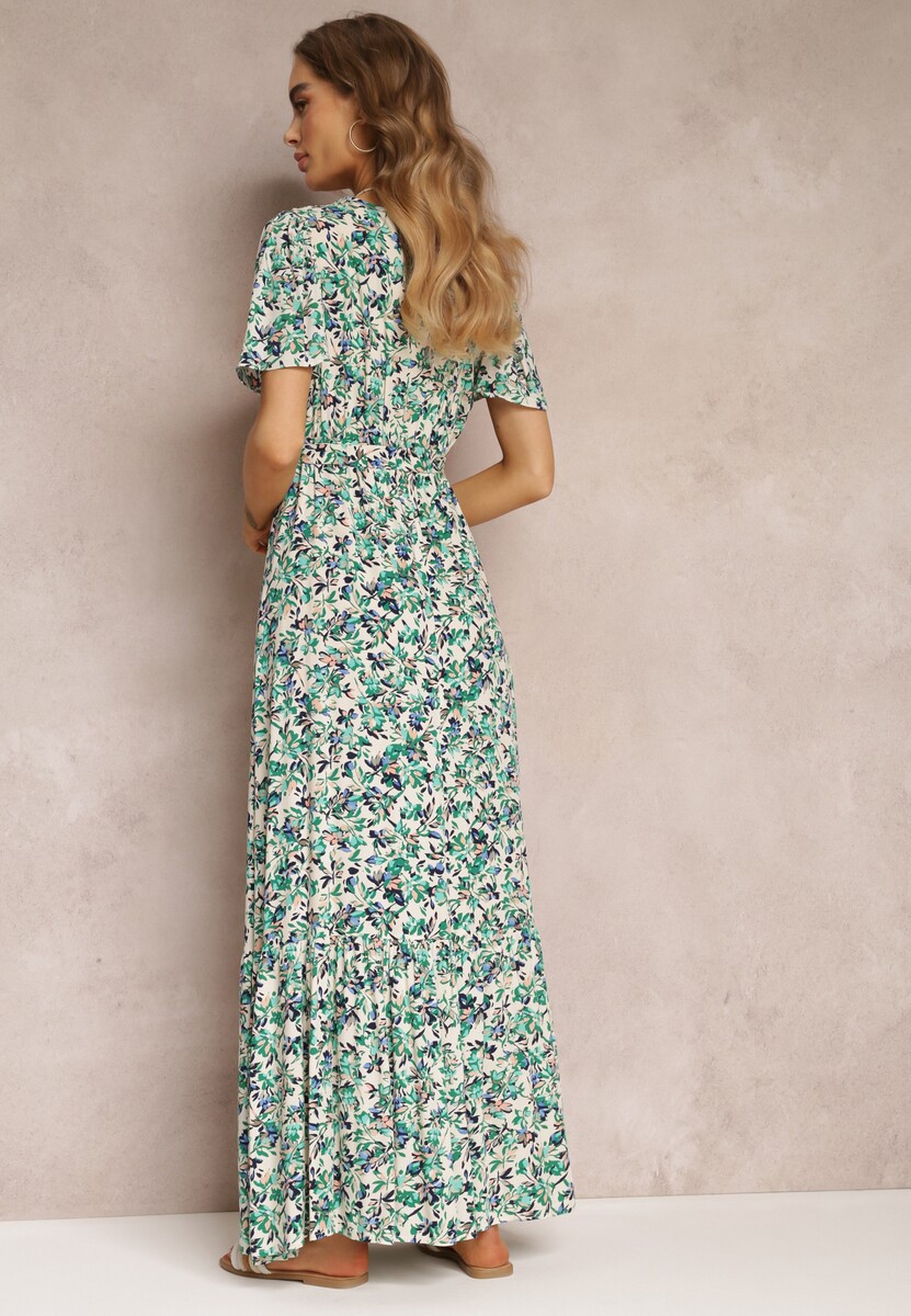 Zielona Sukienka Maxi z Wiskozy z Gumką i Materiałowym Paskiem w Talii Dionelia