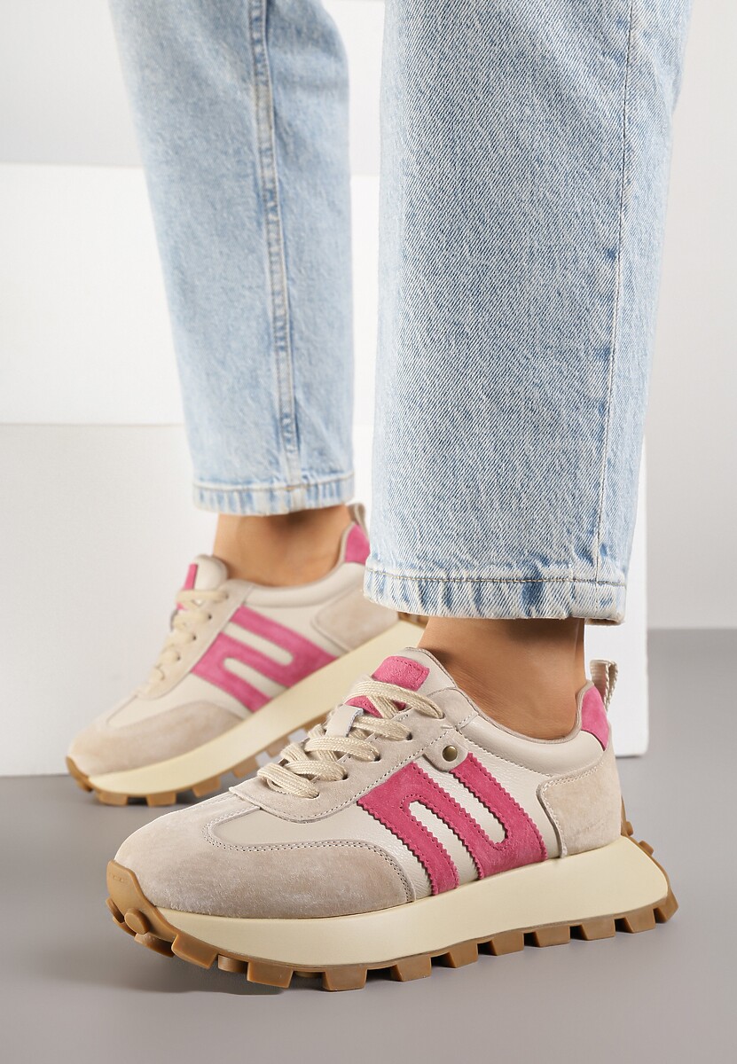Beżowo-Fuksjowe Sneakersy ze Skóry Naturalnej Ozdobione Geometrycznym Wzorem Melassea
