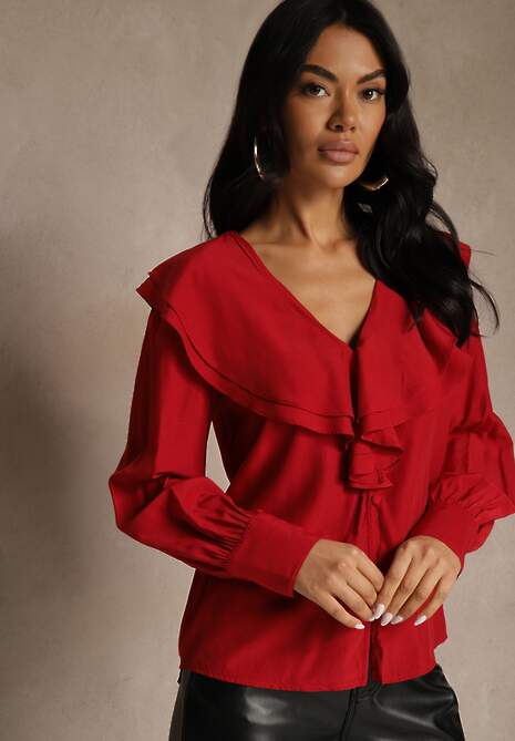 Czerwona Koszula Vices z Dekoltem z Falbanami i Bufiastymi Rękawami Zoiruna