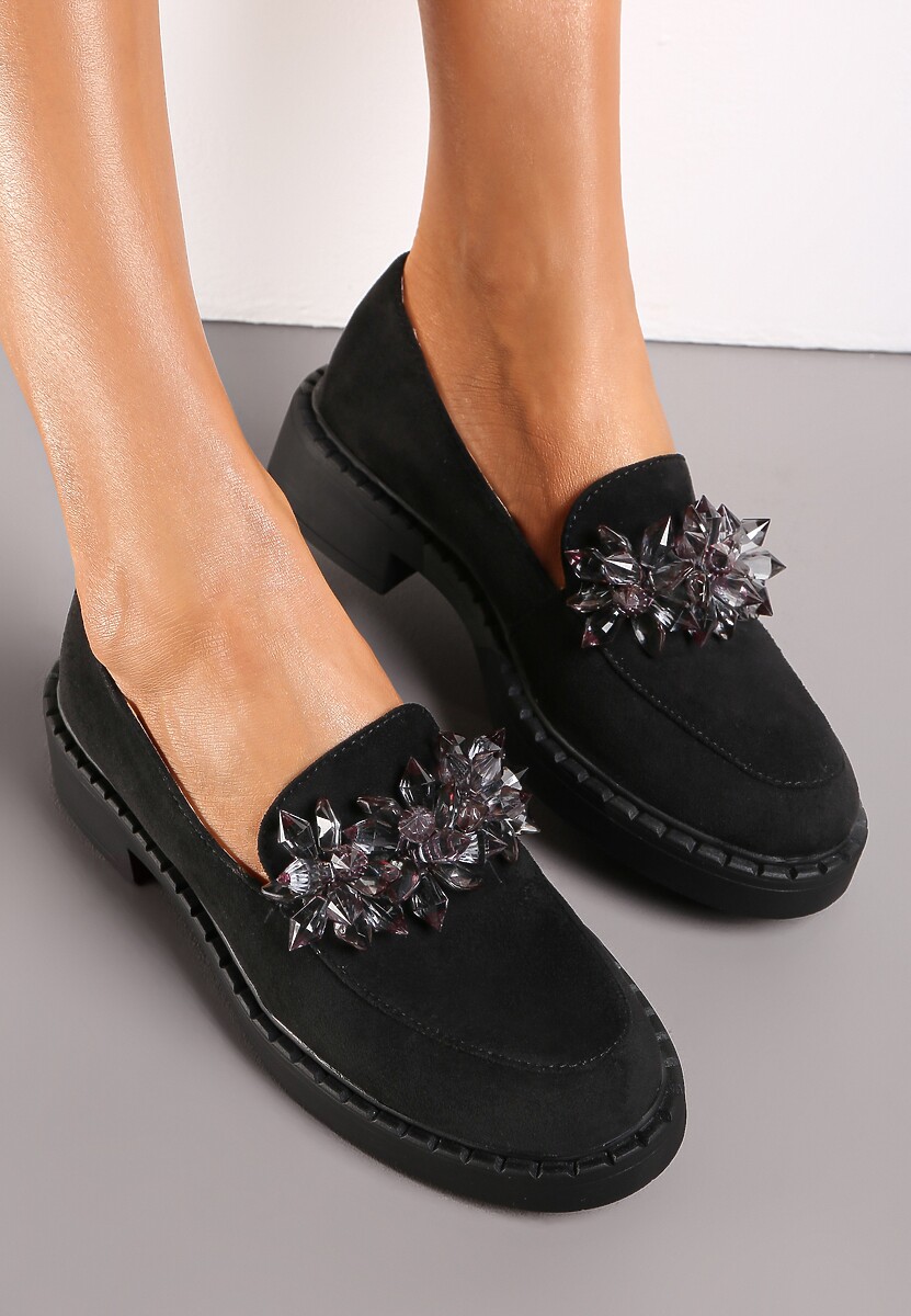 Czarne Mokasyny z Kryształkami i Wkładką ze Skóry Naturalnej Limiha