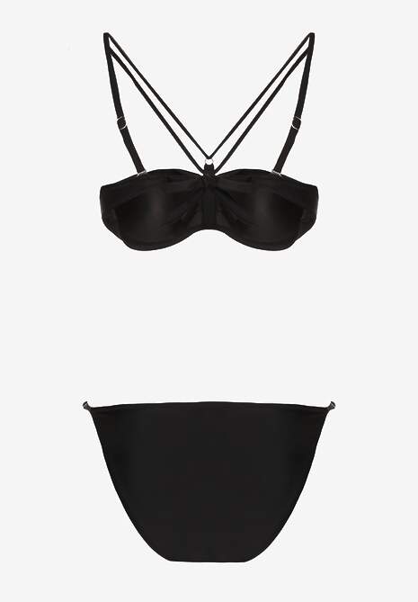Czarne Bikini Majtki Typu Figi i Biustonosz z Ozdobnymi Paskami Fadelinna