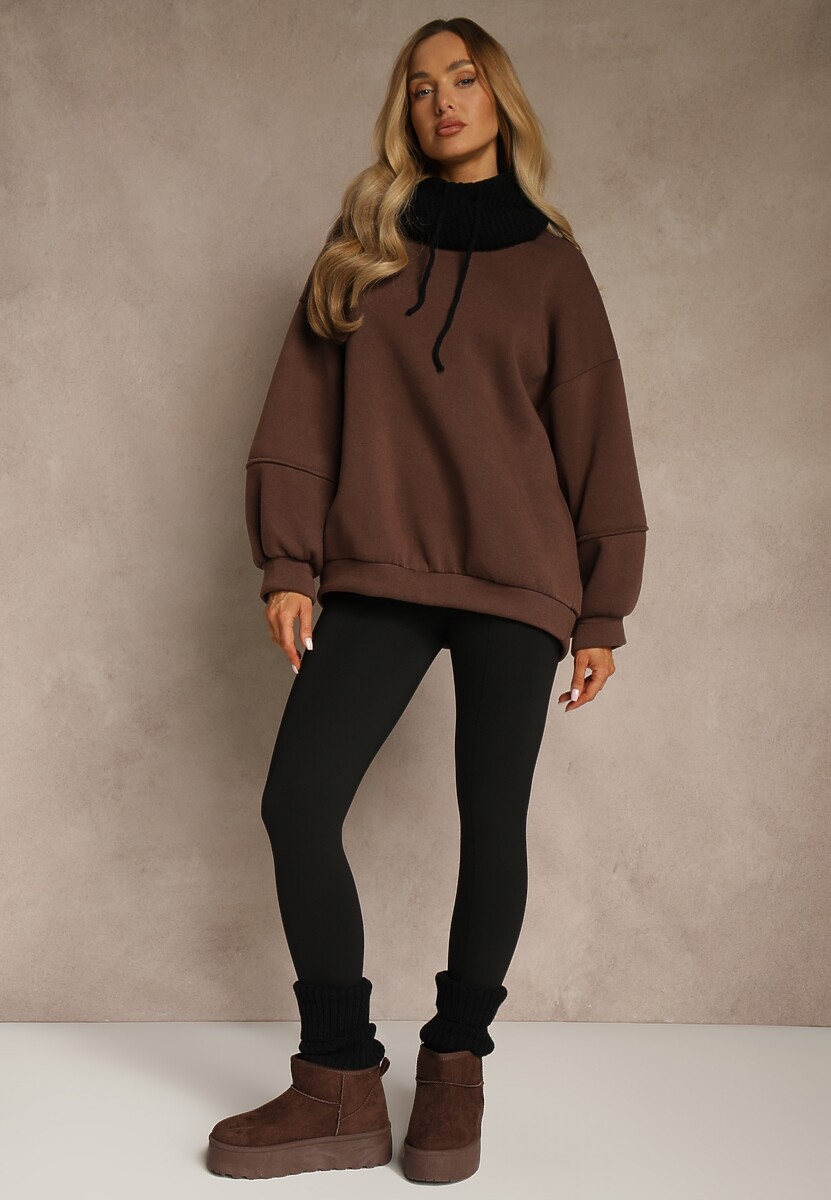 Brązowe Klasyczne Legginsy High Waist z Zapiętkami i Ociepleniem Serafeia