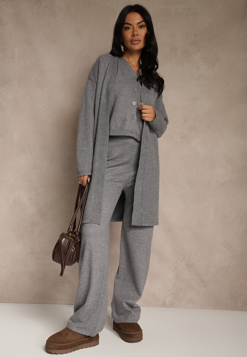 Szary Komplet z Dzianiny z Wełną Długi Kardigan Spodnie i Kamizelka Otizane