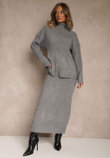 Szary Komplet z Dzianiny z Wełną w Prążki Golf i Ołówkowa Spódnica Falirea