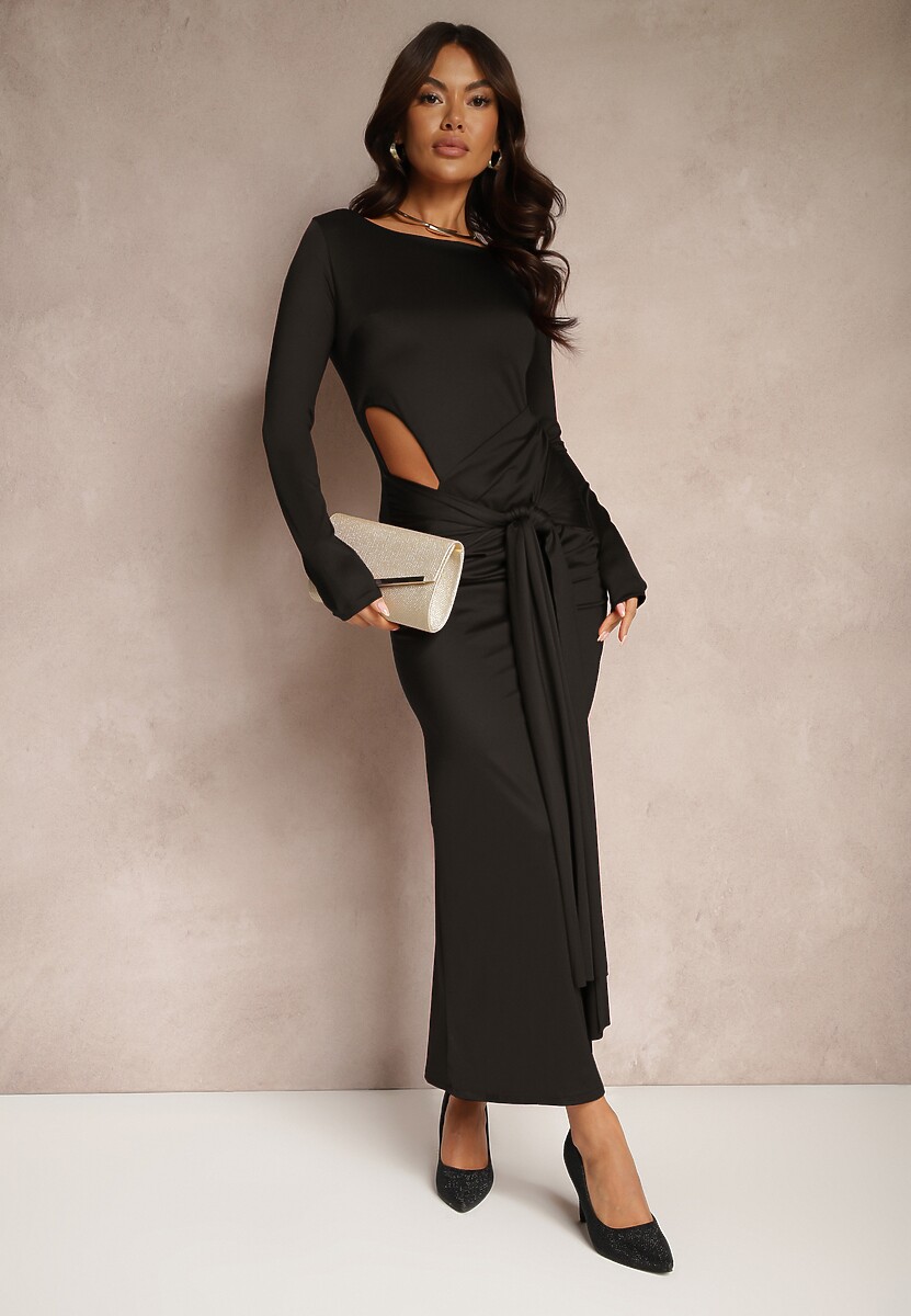 Czarna Koktajlowa Sukienka z Ozdobnym Wycięciem i Wiązaniem Vamicea