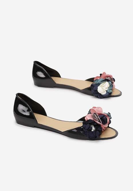 Czarne Balerinki Meliski Peep Toe z Kwiatową Aplikacją Idalina