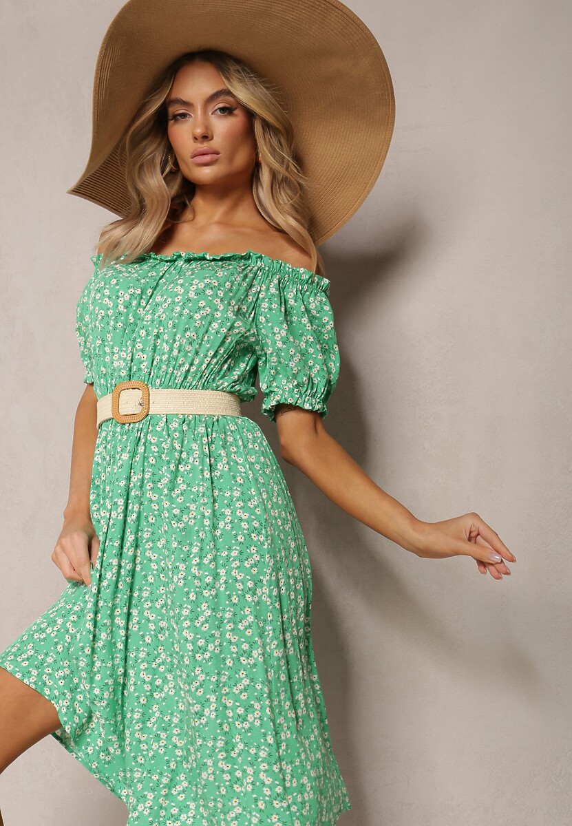 Niebieska Wiskozowa Sukienka Midi w Kwiatowy Wzór z Hiszpańskim Dekoltem Agirala