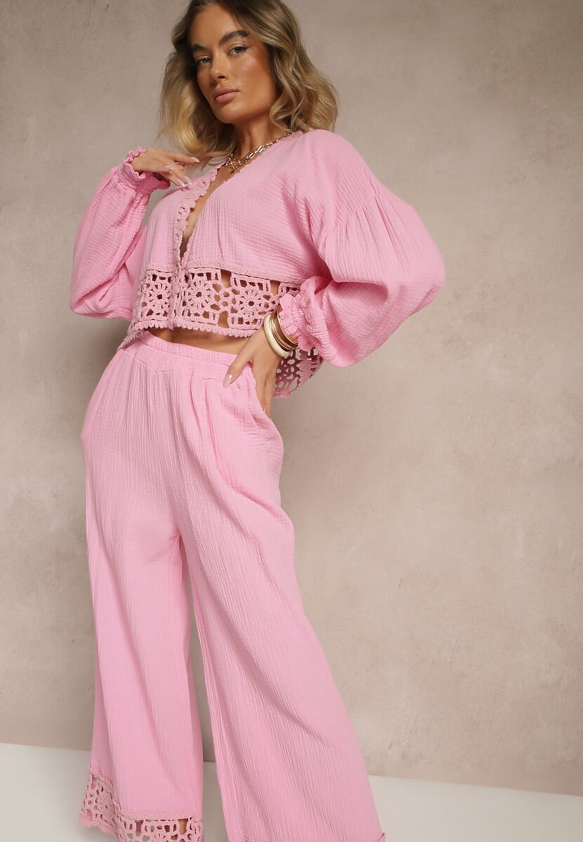 Różowy Komplet z Bawełny z Ażurowymi Wstawkami Bluzka i Spodnie Paladorea