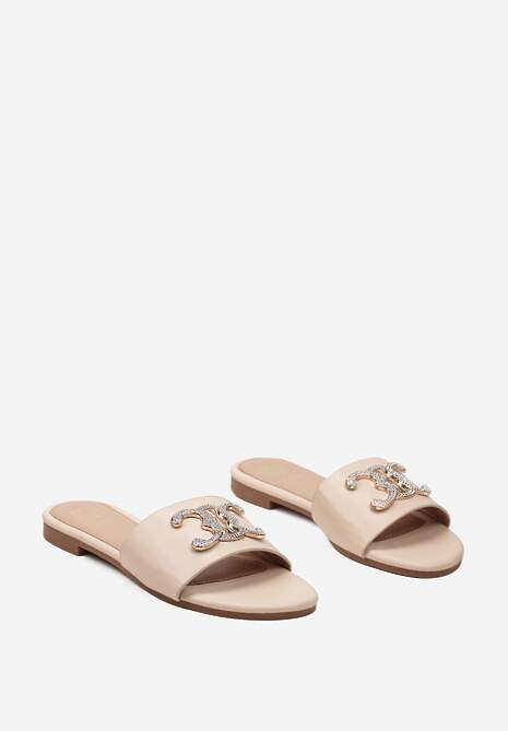 Beżowe Klapki z Płaską Podeszwą i Ozdobną Klamrą z Cyrkoniami Flotills