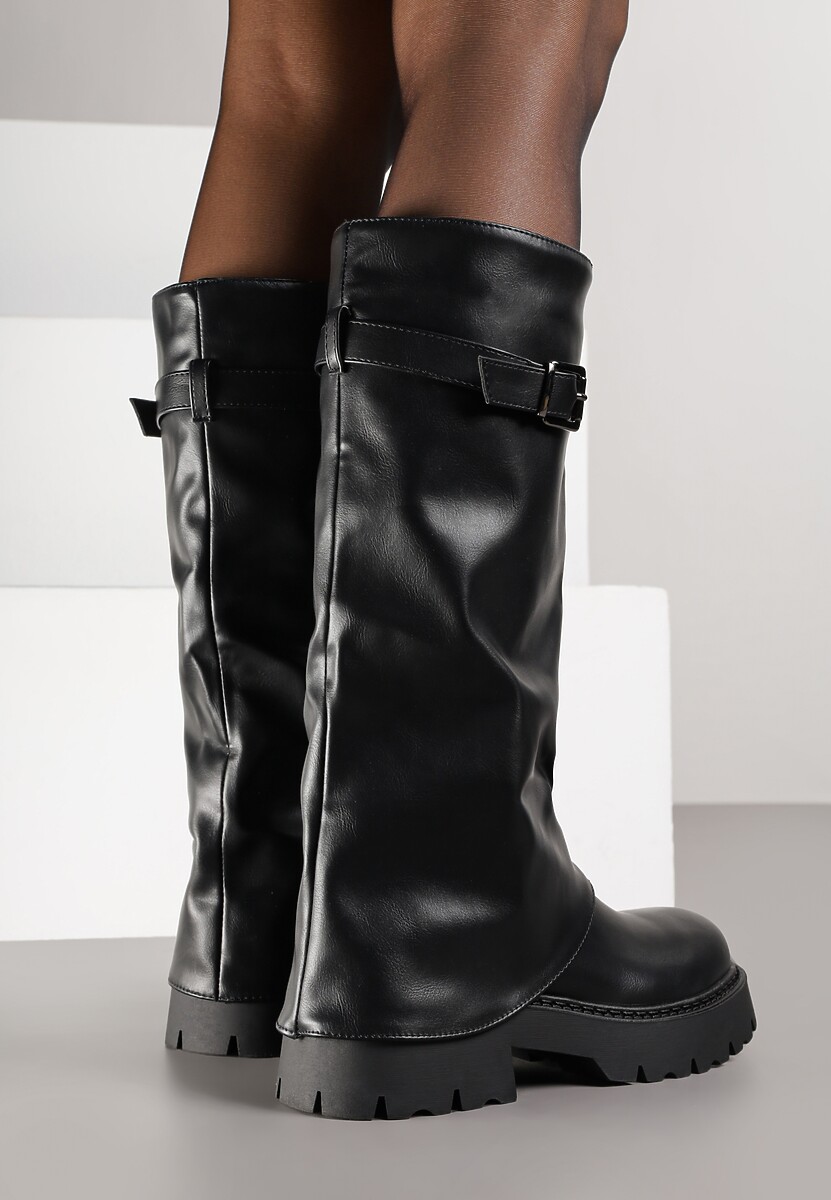 Czarne Kozaki VICES z Marszczoną Cholewką Imitującą Nogawkę ze Sprzączką Valles