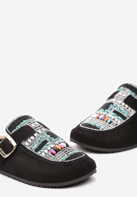 Czarne Klapki w typie Muli z Korkową Podeszwą i Ozdobnymi Kamieniami Louvia