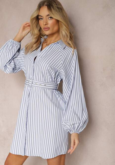 Niebiesko-Biała Taliowana Sukienka Koszulowa w Ozdobne Paski Lasenella