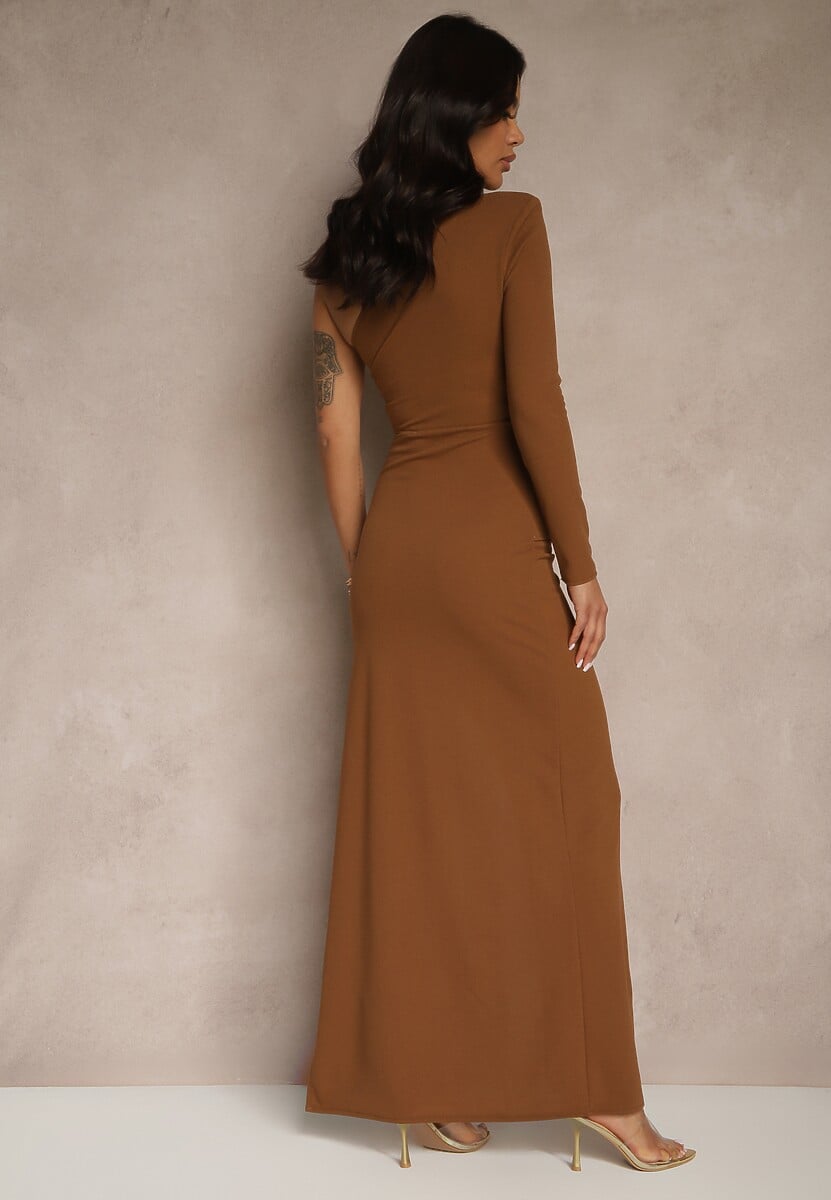 Brązowa Asymetryczna Sukienka z Odkrytym Ramieniem i Wycięciem Felitria