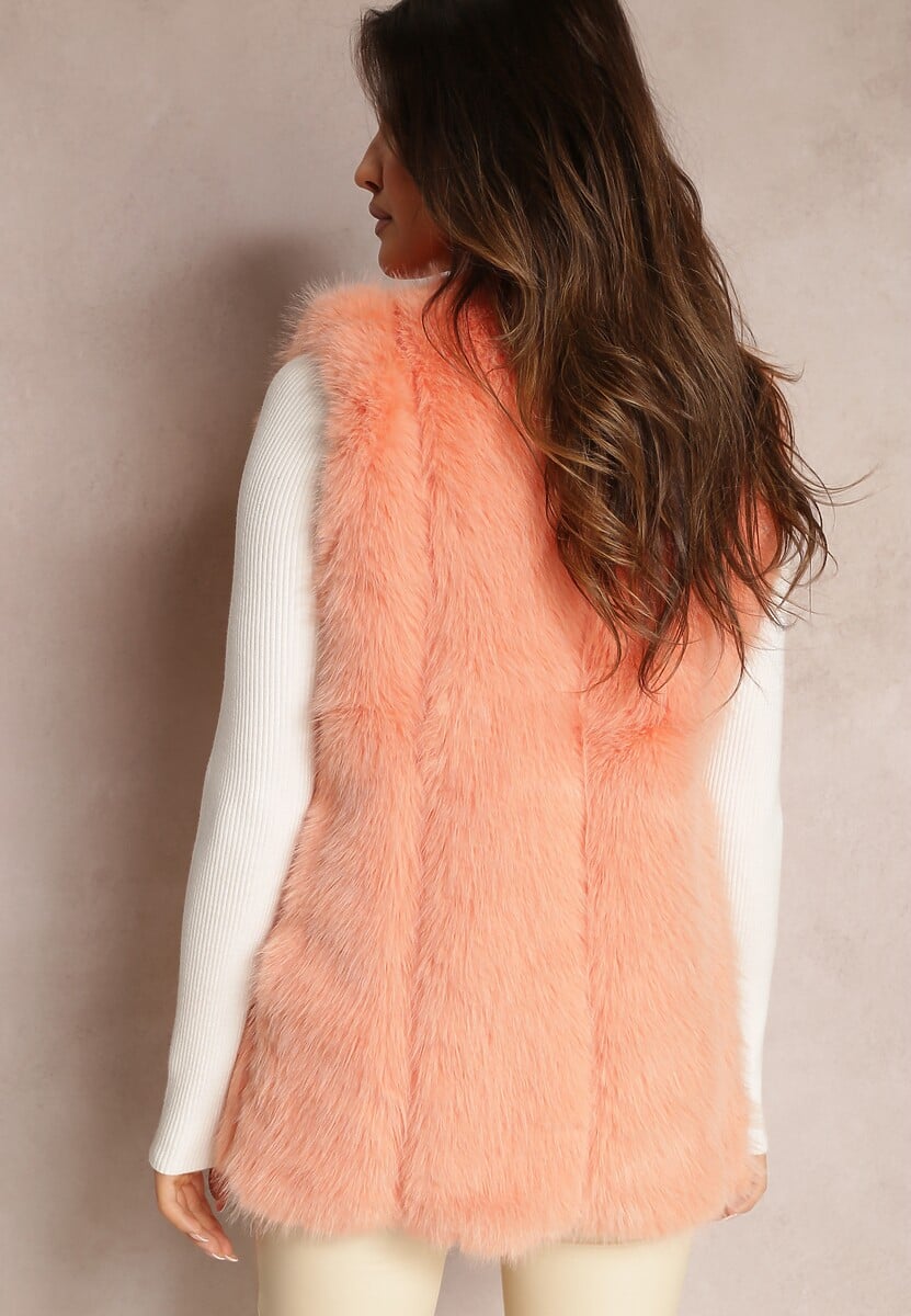 Pomarańczowa Puchata Kamizelka z Futerka Ozdobiona Imitacją Skóry Tekllesa