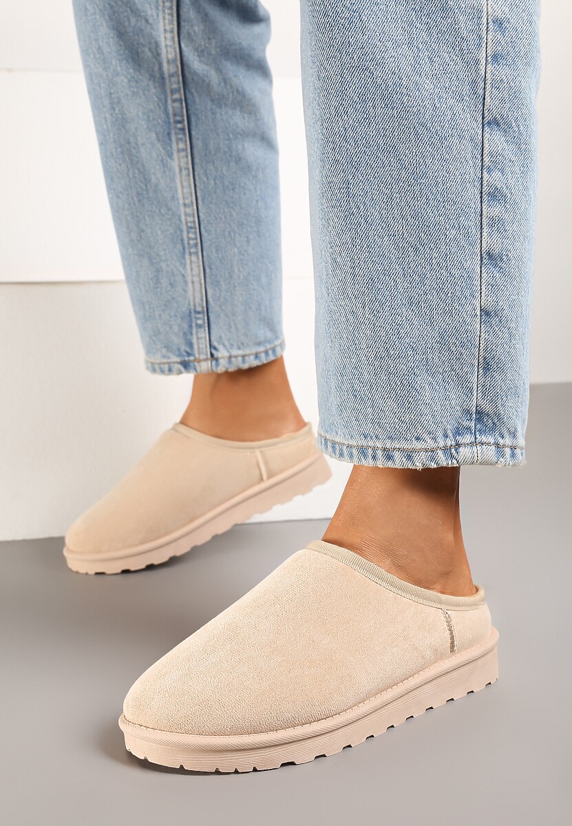 Ciemnobeżowe Casualowe Kapcie na Płaskiej Podeszwie z Futerkiem Peccaria